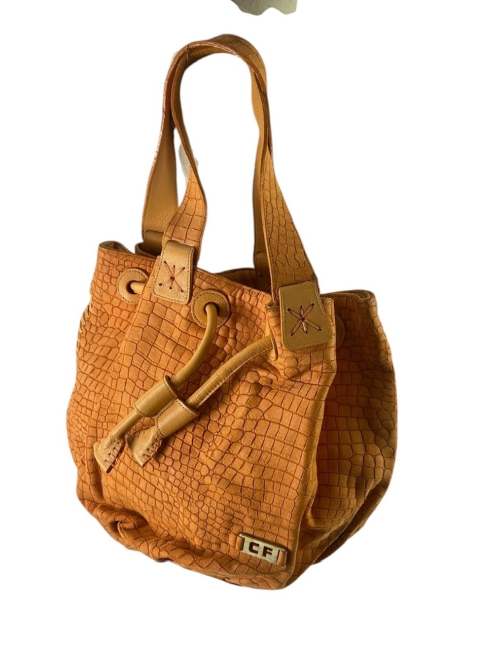 Vintage Carlos Falchi Tan Croc Embossed Leather Drawstring Shoulder Bag Purse